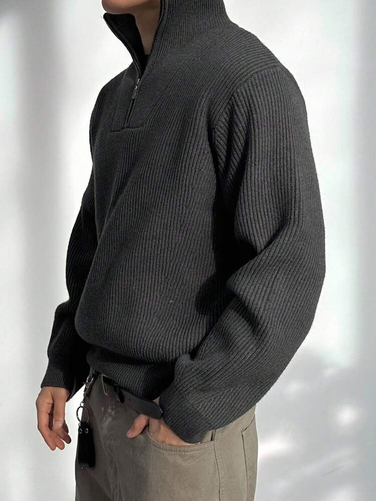 Men's High Neck Half-Zip Sweater, Dark Grey, Autumn/Winter