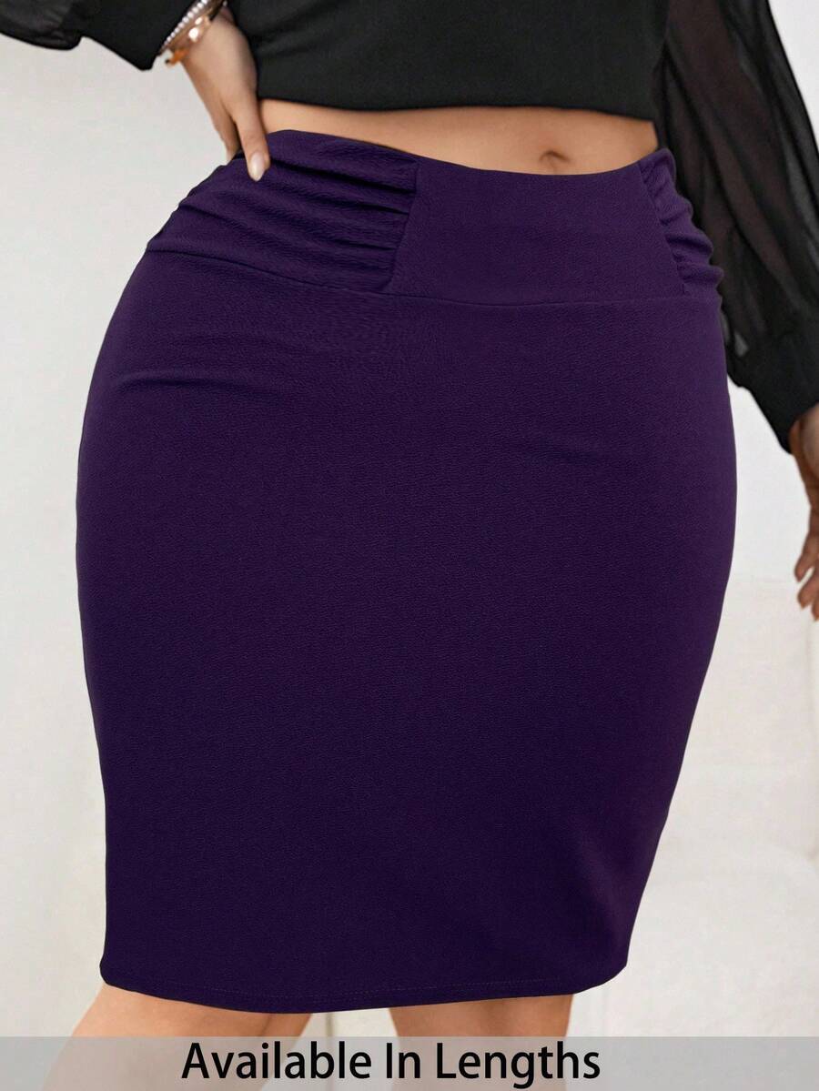 SHEIN Tall CURVE Plus Size Solid Color Pleated Bodycon Elegant Skirt - Purple - View 1
