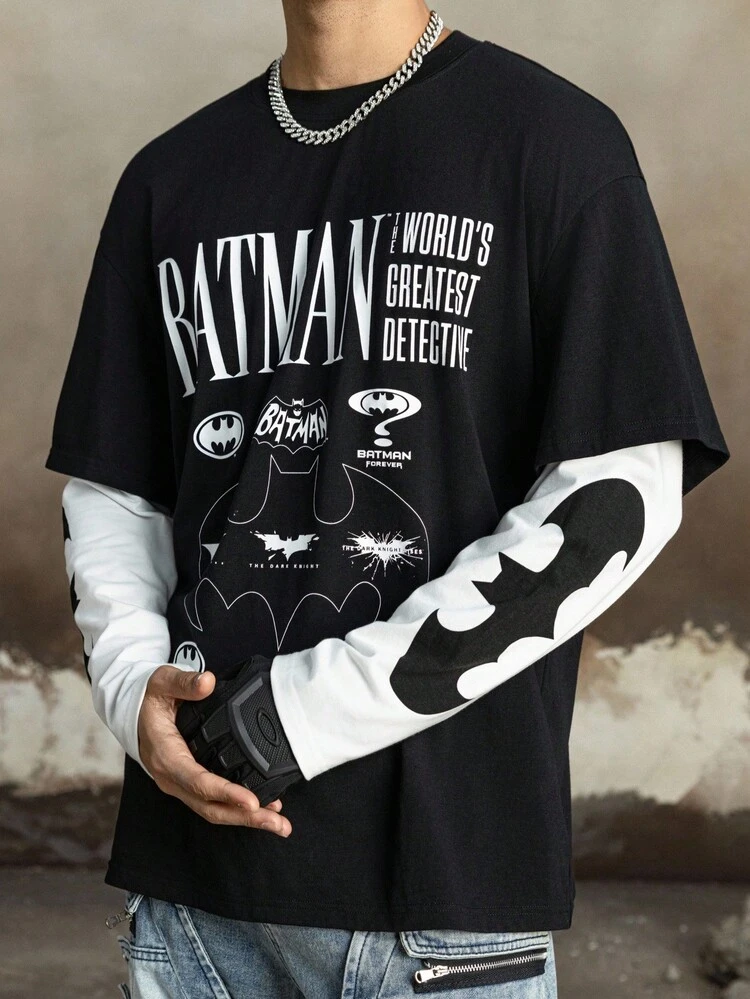 BATMAN X SHEIN Men's Letter & Bat Print Color Block Long Sleeve 2 In 1 T-Shirt Men Oversized Graphic Tees - Black and White - View 1