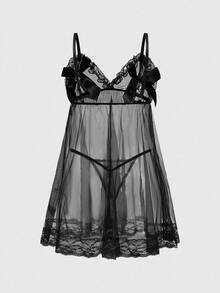 ROMWE Kawaii Sexy Butterfly Bell Bodysuit Lingerie Set With Thong - Black - View 2