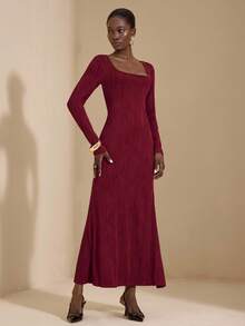 JIAN LASALA Burgundy Textured Knit Square Neck Backless Tie-Up Mermaid Hem Fitted Dress Women Elegant Dark Red Dress Maroon Dress Burgundy Dress Open Back Dresses Red Wine Dress Luxury Stylish Clothing Collection - Burgundy - View 5