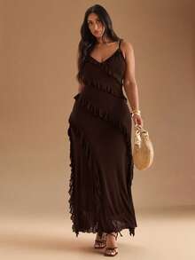 SHEIN BAE Đầm maxi cổ yếm in hoa họa tiết da báo thời trang mùa hè thanh lịch dành cho nữ cỡ lớn, thích hợp cho các buổi hòa nhạc, đi làm tốt nghiệp - Cà phê nâu - Xem 3