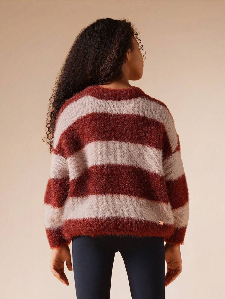 Striped Chunky Knit Pullover Sweater With Fluffy Texture