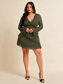 SHEIN BAE Plus Size Long Sleeve Dress, Romantic Sweet Ruffle Autumn Dress For Dating, Travel, Autumn Inner Wear, Bow, Summer Dresses For Ladies, Holiday Party Outfit For Women, Elegant, Birthday Outfits, Mesh, Sexy Dresses, Birthday Dress ,Back To School Girls Clothes,Girls Summer Outfits,Fall Clothes,School Clothes,Halloween,Winter,Y2k Clothes ,Vintage,Vacation Outfits Woman,Plus Size Women Clothes,Summer Dresses For Women,4th Of July Women - Army Green - View 6