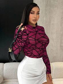 SHEIN SXY Plus Size Women Long Sleeve Flocked Bodysuit, Suitable For Nightclub Party, Autumn/Winter
