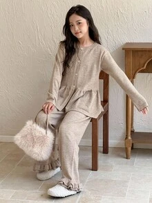 DAZY 2 件套 Tween Girls 荷叶边下摆开衫和裤子套装，秋季服装 - 卡其色 - 查看 6