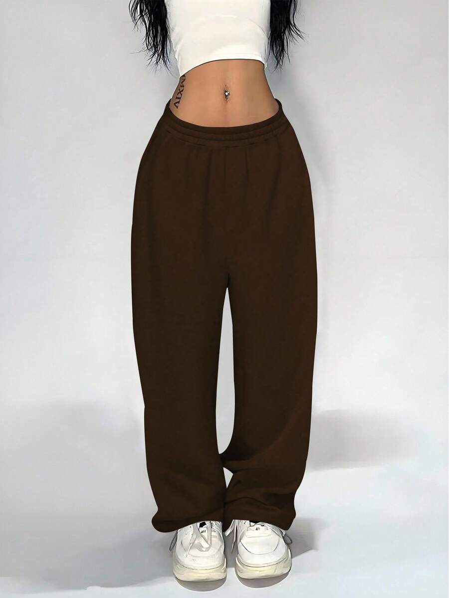 INAWLY 女士纯色松紧腰宽松休闲运动裤 - 咖啡棕 - 查看 1