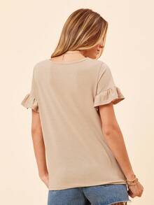 Coeurva Ruffle Cuff Solid Tee Khaki Topbasic Topsbasic Tops For Women - Khaki - View 2