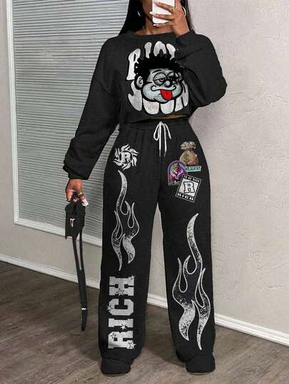 Slaydiva Setup Autumn Winter Women/Black 2 Piece Set/Kpop Clothes/Going Out Top2pcs/Fall Clothes For Women/Winter Clothes For Women/Y2k Clothes/Streetwear/Two Pieces Set Women/Back To School/Casual Street/Fit For Hip Hop/"Rich Soon" Funny Letter & Flame Graphic