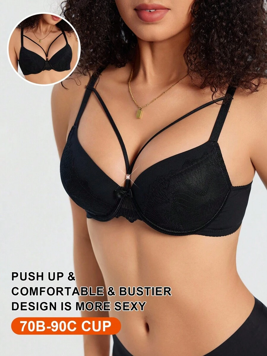 SHEIN 1 件浪漫性感蕾丝拼接提升支撑钢圈女士文胸 - 黑色 - 查看 1
