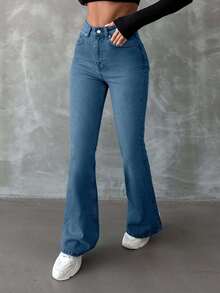 RueChic 98%Cotton Washed Flared Jeans With Slanted Pockets - Blue - View 5