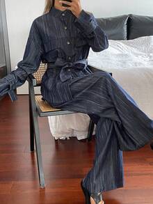 DAZY Women's Bark Texture Fabric Street Casual 3D Jacket And Straight Leg Pants 2 Pieces Set - Navy Blue - View 5