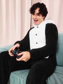 Men Playful Cartoon Animal Panda Plush Cosplay Reversible Fleece Jumpsuit, Comfortable Homewear, Suitable For Family Party, Fluffy, Winter, Cozy - Black and White - View 3