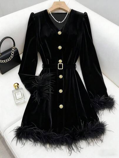 Franclia Women's Autumn/Winter Outfit, Elegant Bell Sleeve Cinched Waist Fuzzy Decor Dress, Suitable For Teachers And Fashion Ladies