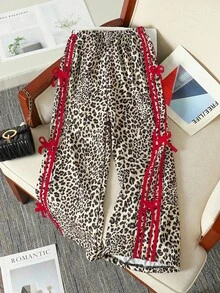 Sparklyn 青少年女孩休闲舒适时尚豹纹侧抽绳蝴蝶结装饰宽松阔腿裤 - 紅色 - 查看 1