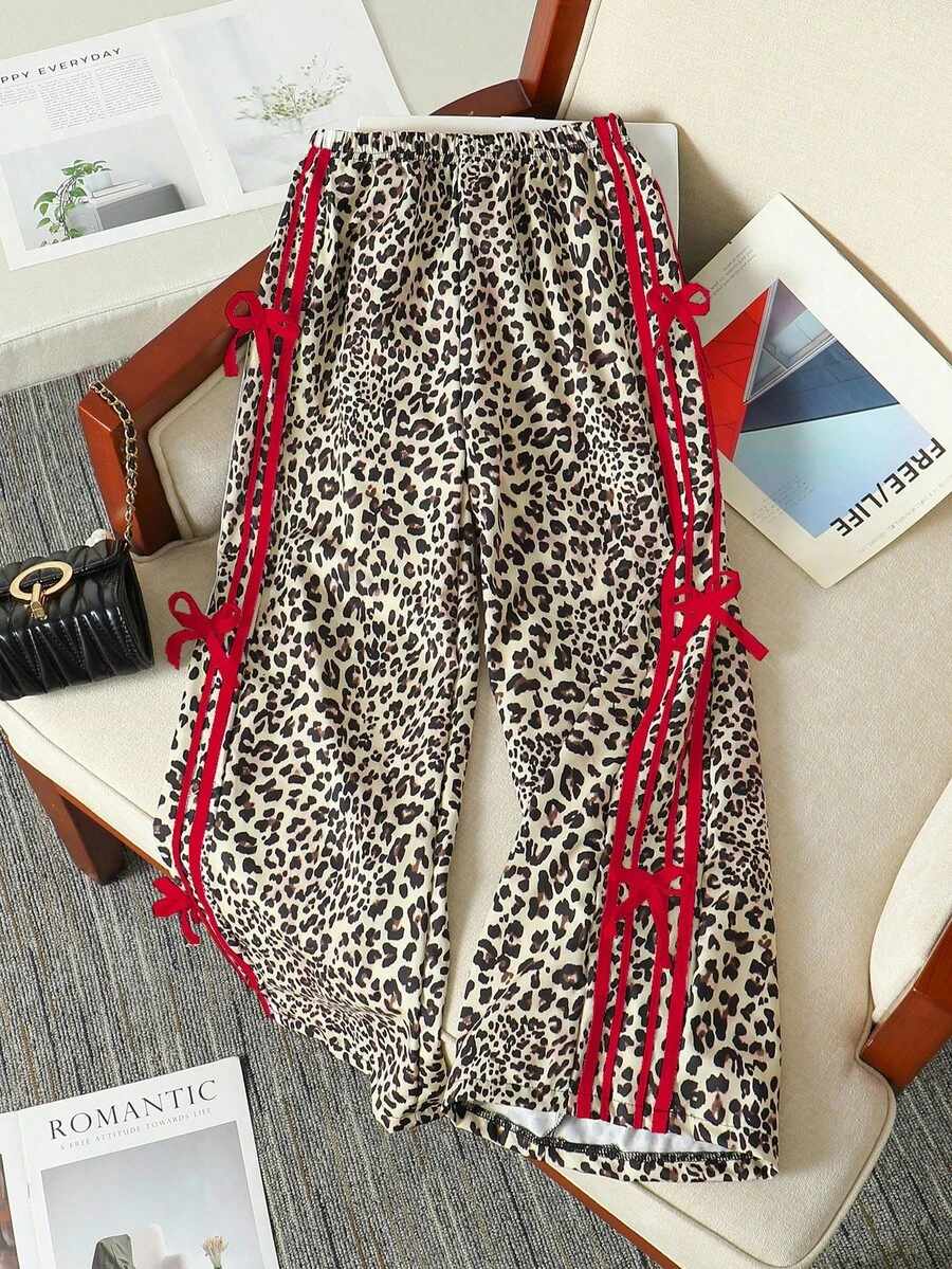 Sparklyn 青少年女孩休闲舒适时尚豹纹侧抽绳蝴蝶结装饰宽松阔腿裤 - 紅色 - 查看 1