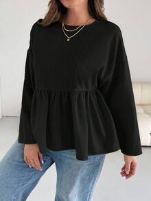 SHEIN Essnce Blusa de manga larga con volantes de tela texturizada cómoda y holgada para mujer de talla grande, para primavera y otoño, para volver a la escuela - Negro - Ver 2
