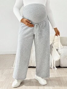 Plussiva Plus Size Maternity Casual Everyday Commute Simple Solid Color Adjustable Waist Side Pockets Loose Wide Leg Pants   Winter - Grey - View 3