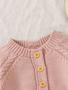 1pc Pink Infant Knit Bodysuit, Casual Minimalist Baby Bodysuit, Fashion Round Neck Long Sleeve