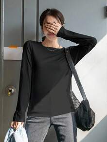 DAZY 女士圆领纯色休闲宽松基础款长袖T恤 - 黑色 - 查看 3