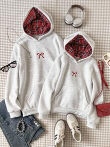 少女休闲卫衣，饰有蝴蝶结刺绣，时尚百搭，带口袋，适合秋冬季穿着 - 淺灰色 - 查看 5