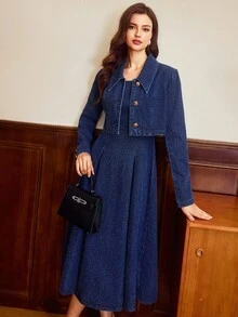 Vintamour 女士时尚通勤短款牛仔夹克和连衣裙套装 - 深色水洗藍 - 查看 7