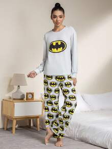 BATMAN X SHEIN Women's Bat Logo Print Long Sleeve Top And Pants Pajama Set, Spring/Autumn, Winter Clothes Comfy Pjs Comfy Pajamas Set Cartoon Pajamas - Grey - View 3