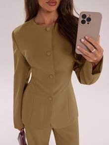 SHEIN BAE Women's Fashion Business Suit Jacket And Pants 2 Pieces Set - Mocha Brown - View 5