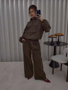 MUSERA 领口细节尼龙口袋收紧弹力下摆防风上衣（仅上衣）街头风可爱优雅休闲性感外出秋季圣诞节圣诞节，优雅节日，假日，派对