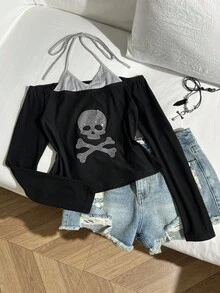 Elamini Women's 2 In 1 Rhinestone Skull Patchwork Camisole Long Sleeve. Gothic And Y2K Style. Autumn. Halloween Essentials. - Black - View 3