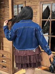 SHEIN ICON Chaqueta vaquera lavada, desgastada y deshilachada de talla grande - Azul lavado oscuro - Ver 2