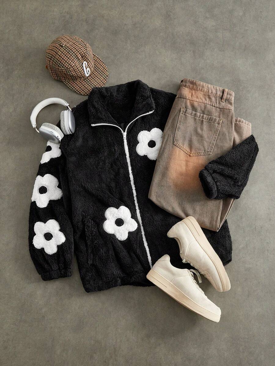 EASEVO Chaqueta de manga larga con forro polar bordada de moda para hombre de talla grande, otoño/invierno, estilo grunge - Negro - Ver 1