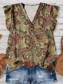 EMERY ROSE Women's Casual Flutter Sleeve Button V-Neck Blouse, Minimalist Mature Retro Floral Print Pattern, Comfortable For Spring/Autumn - Multicolor - View 5