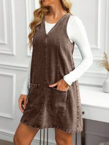 EMERY ROSE Váy denim giặt thường ngày cỡ lớn có hai túi - Cà phê nâu - Xem 4