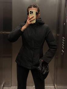 DAZY 女士连帽防风夹克，纯色修身款，收腰设计，黑色短款加厚保暖内衬外套，冬季女式外套 - 黑色 - 查看 11