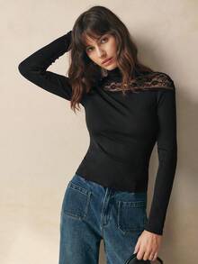 INAWLY 女款長袖高領對比蕾絲優雅上衣 - 黑色 - 查看 6