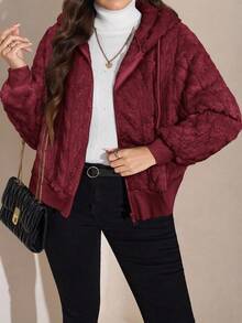 SHEIN LUNE 加大码秋冬加厚双层抓绒连帽保暖外套，秋季几何图案双面穿连帽抓绒假日外套 - 酒紅色 - 查看 4