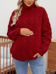 SHEIN 孕妇装秋冬简约纯色落肩麻花针织高领毛衣