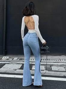 DAZY 女式露背紧身高领长袖T恤 - 白色 - 查看 3