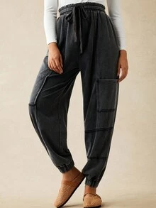 Boho Mama Maternity Solid Color High Waist Drawstring Casual Jogger Pants Comfy Joggers For Women Parachute Baggy Loose Black - Dark Grey - View 5