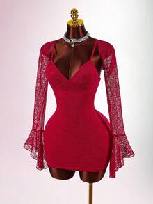 Y2K Amplova Red Sequin Skirt Christmas New Year Thanksgiving Party Elegant Retro Romance Sexy Sheer Lace Low-Cut Mini Dress Set, For Christmas Party Elegant Mini Dress Nightclub Dress Dresses For Women Night Club Dress Red Sparkly Dress,Party Dresses For Women - Red - View 2