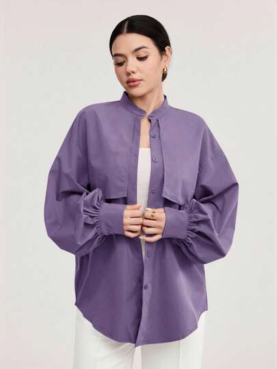 Veilorie 女士休闲纯色灯笼袖衬衫