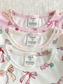 SHEIN 6件組女孩貼身睡衣套裝，粉色秋季仙女夜間睡衣，適合年輕女孩，可愛熊蝴蝶花卉圓領長袖上衣與長褲 - 彩色 - 查看 5