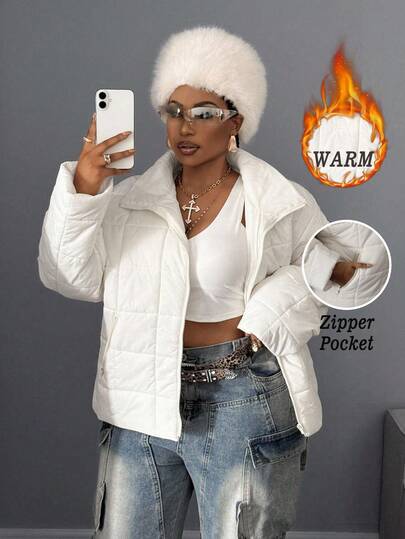 Maweii 加大码女式格子棉服大衣，拉链立领棉服大衣，女式冬季外套，适合户外、滑雪、约会、通勤