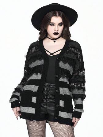 Goth Cardigan ample femme grande taille gothique avec dégradé, rayures, dentelle et ourlet déchiré