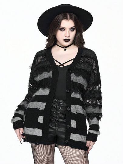 Goth Plus Size Women Gothic Ombre Striped Lace Patchwork Distressed Hem Loose Cardigan/Winter