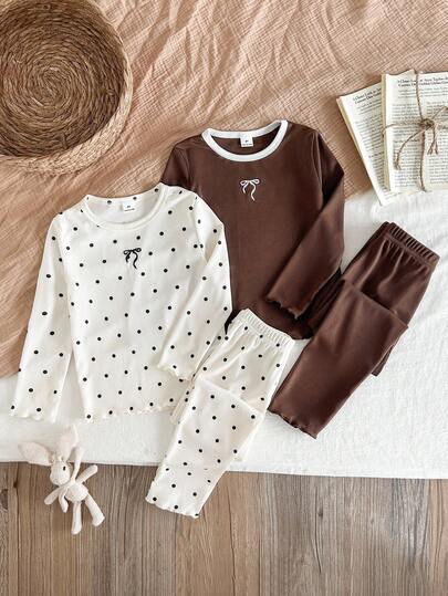 4-częściowy zestaw dla młodych dziewcząt, prążkowany dzianinowy top i spodnie z okrągłym dekoltem w kontrastowym kolorze, z haftowaną kokardą, brązowy, beżowy, w czarne kropki, swobodny strój domowy