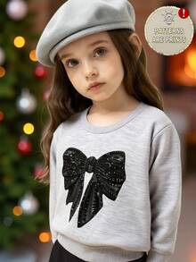SHEIN Baby Girl Casual Chic Bowknot & Faux Sequins Print Round Neck Long Sleeve Fleece Sweatshirt, Suitable For Outings In Autumn/Winter