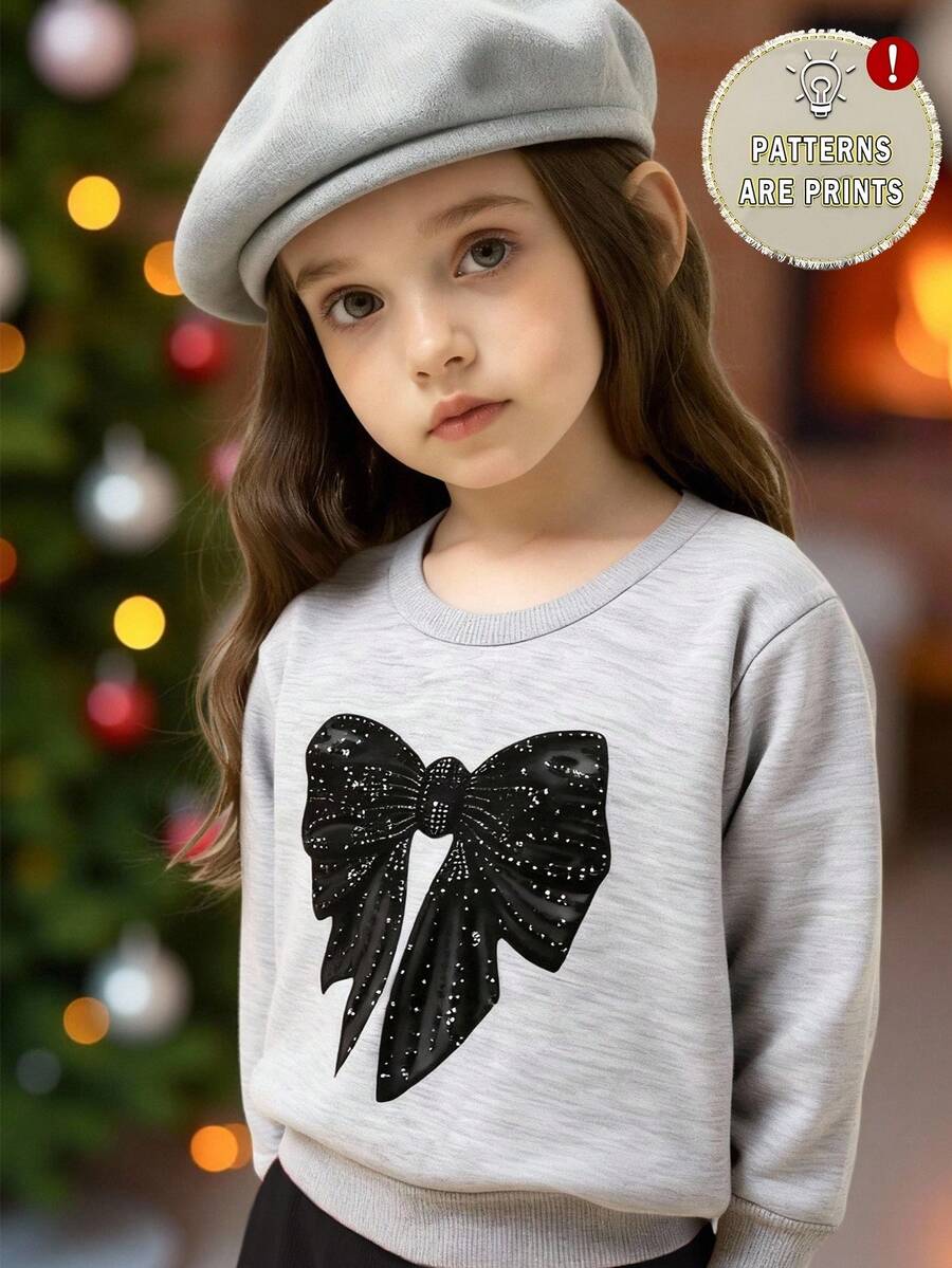 SHEIN Baby Girl Casual Chic Bowknot & Faux Sequins Print Round Neck Long Sleeve Fleece Sweatshirt, Suitable For Outings In Autumn/Winter