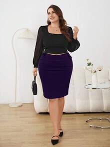 SHEIN Tall CURVE Plus Size Solid Color Pleated Bodycon Elegant Skirt - Purple - View 5